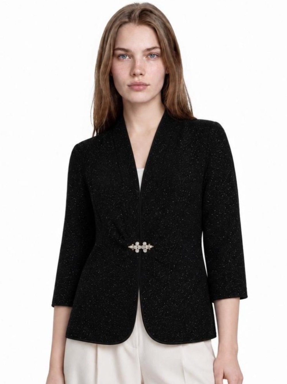 Alex Evenings Women's Glittery Black Textured Jacket Rhinestone Clasp Size Large